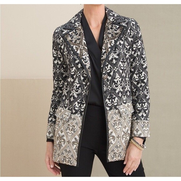 Chicos Beaded Cream & Black Tapestry Jacquard Jacket Blazer Sz 2=US 12 - Picture 1 of 11